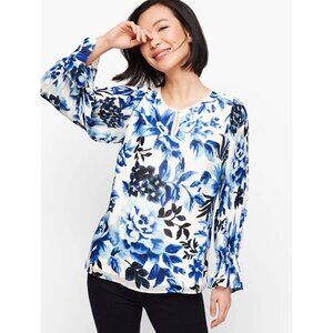 Talbots Top Sz Small Blue Floral Watercolor Long Sleeve Blouse Pleated Sleeves
